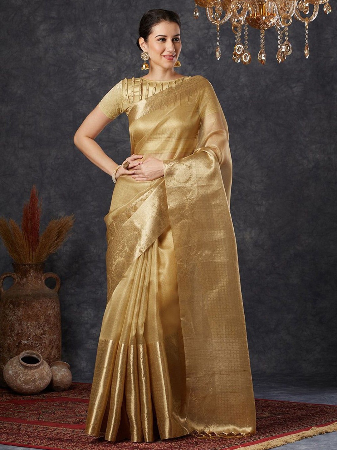 

KALINI Woven Design Zari Tissue Banarasi Saree, Beige