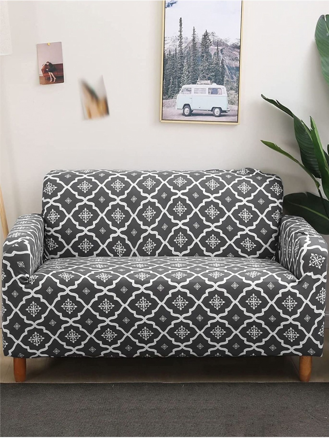

HOUSE OF QUIRK Single Seater Grey & White Printed Sofa Cover With Arms