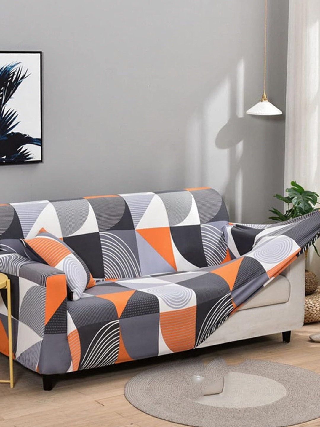 

HOUSE OF QUIRK Single Seater Grey & Orange ColouredPrinted Sofa Cover With Arms