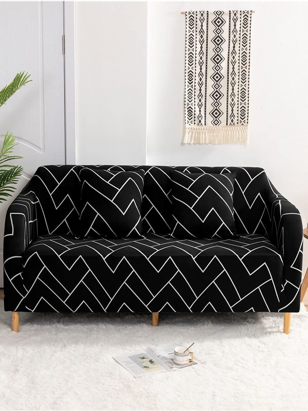 

HOUSE OF QUIRK Single Seater Black & White Printed Sofa Cover With Arms