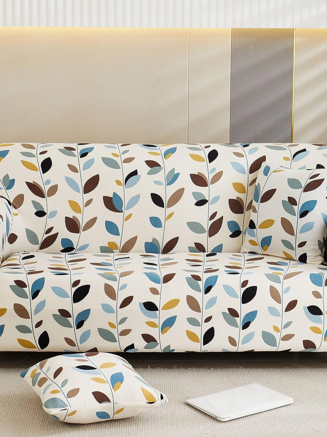 

HOUSE OF QUIRK Single Seater White & Blue Printed Sofa Cover With Arms