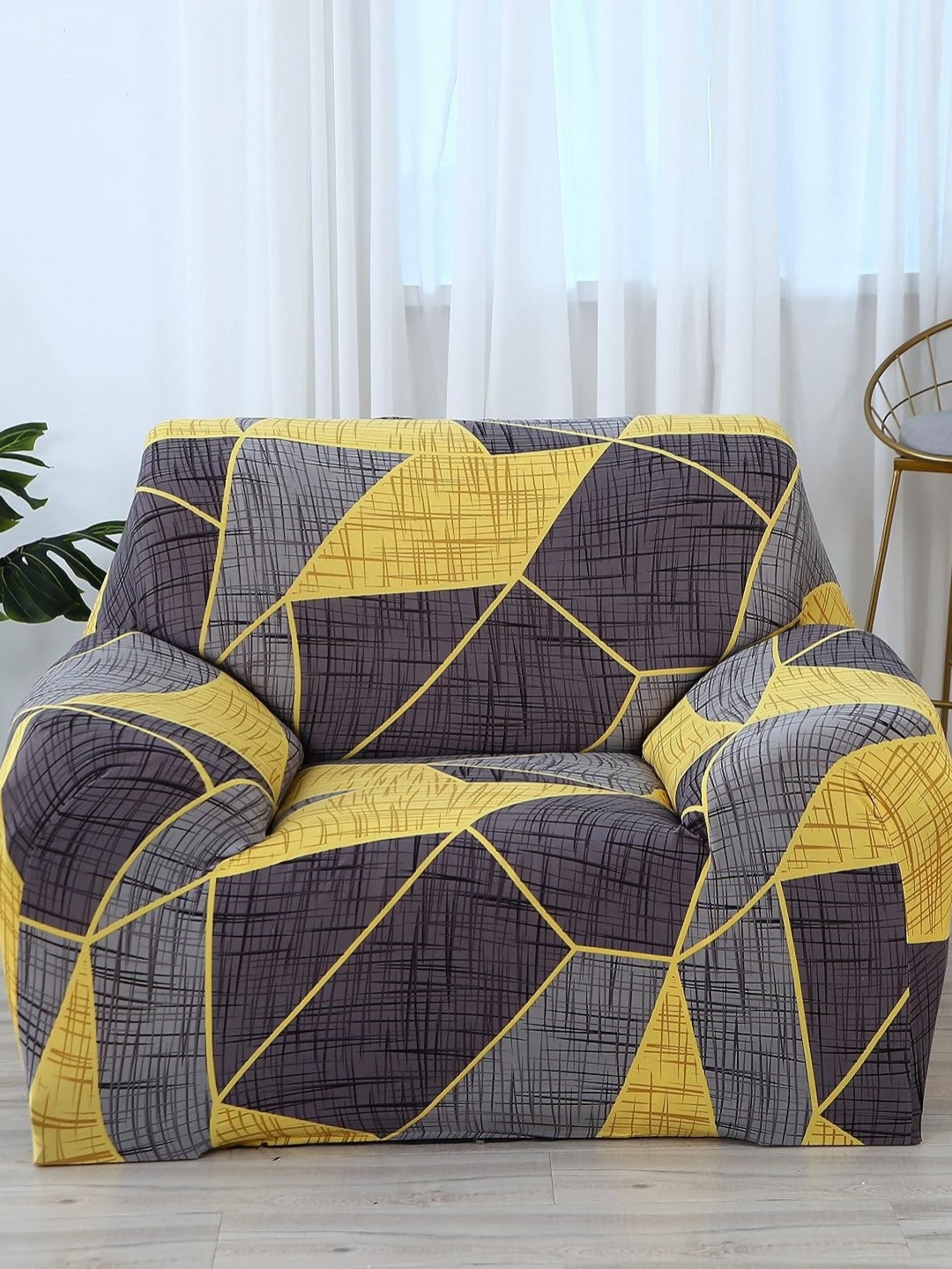 

HOUSE OF QUIRK Grey & Mustard Printed Polyester 1 Seater Sofa Cover With Arms