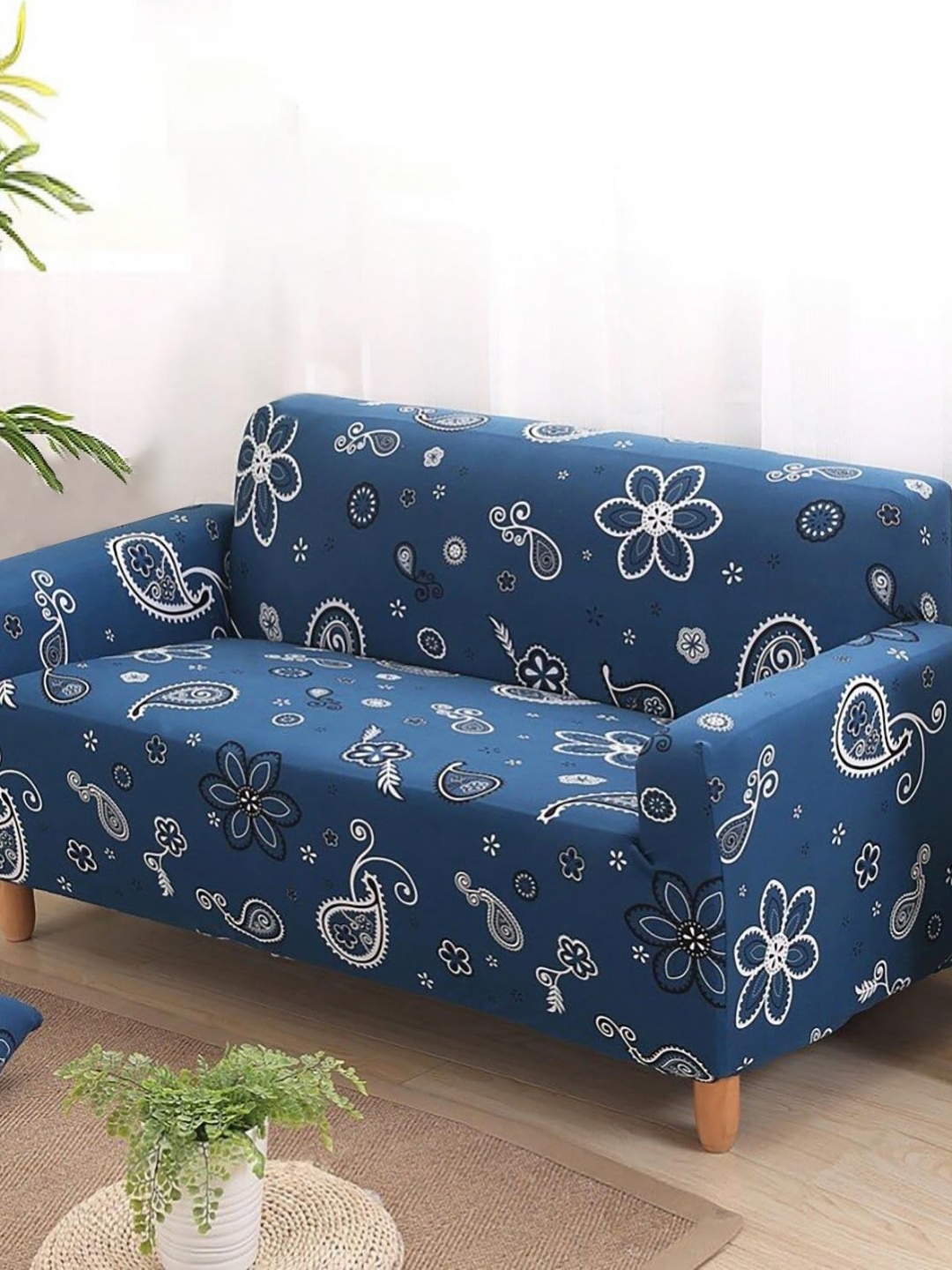 

HOUSE OF QUIRK Navy Blue & White Printed Polyester 1 Seater Sofa Cover With Arms