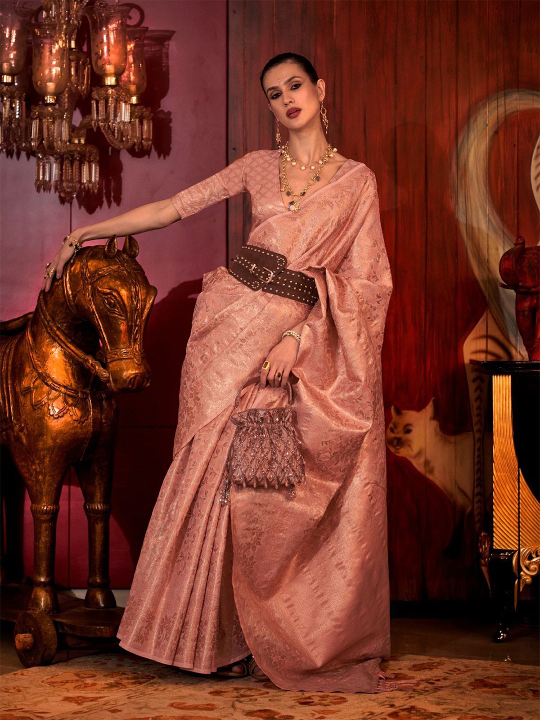 

ODETTE Peach Silk Blend Woven Saree With Unstitched Blouse for Women