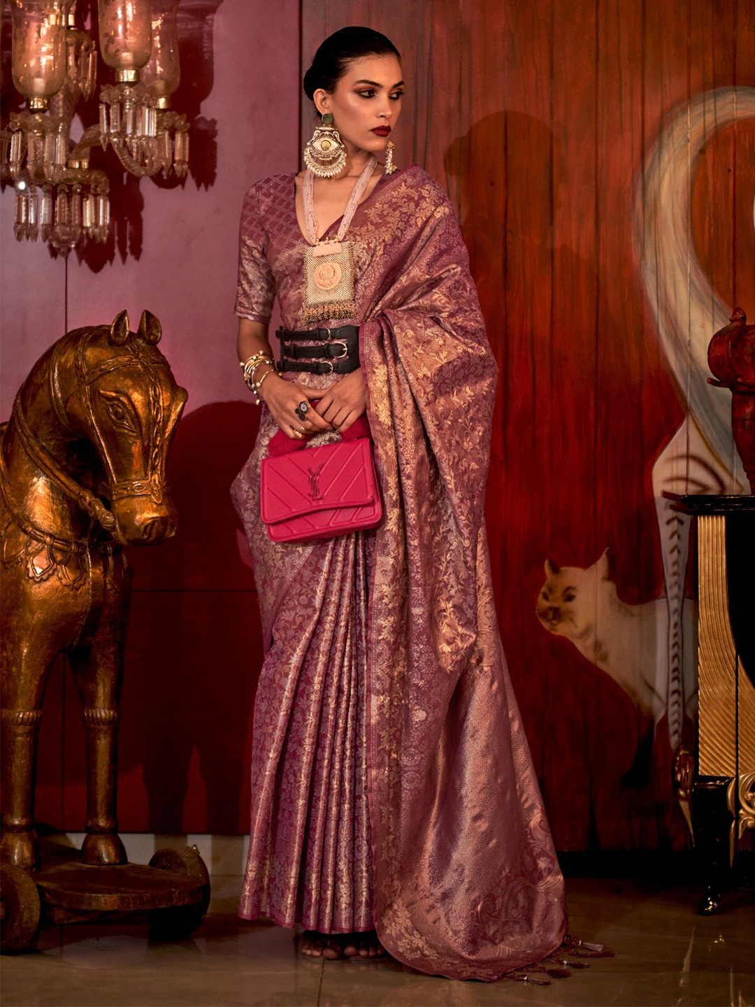 

ODETTE Wine Silk Blend Woven Saree With Unstitched Blouse for Women, Purple