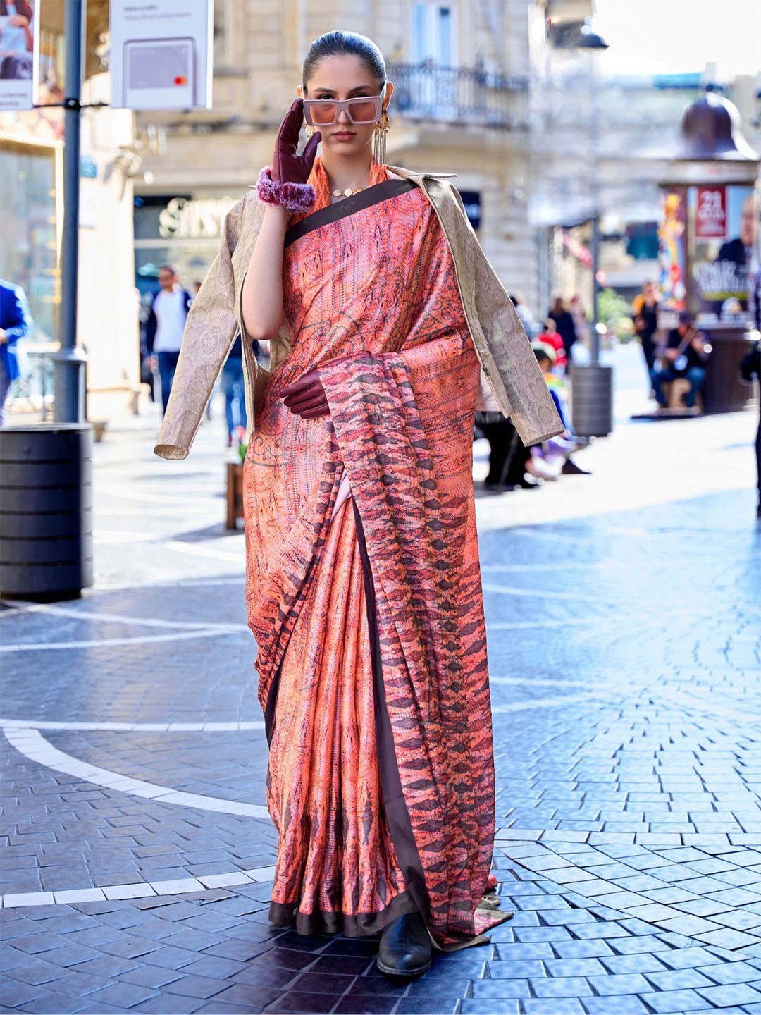 

ODETTE Orange Satin Printed Saree With Unstitched Blouse for Women