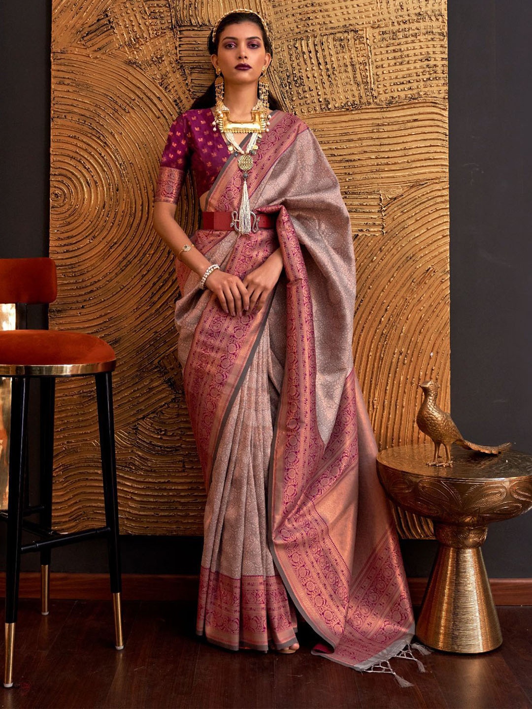 

ODETTE Grey Silk Blend Woven Saree With Unstitched Blouse for Women