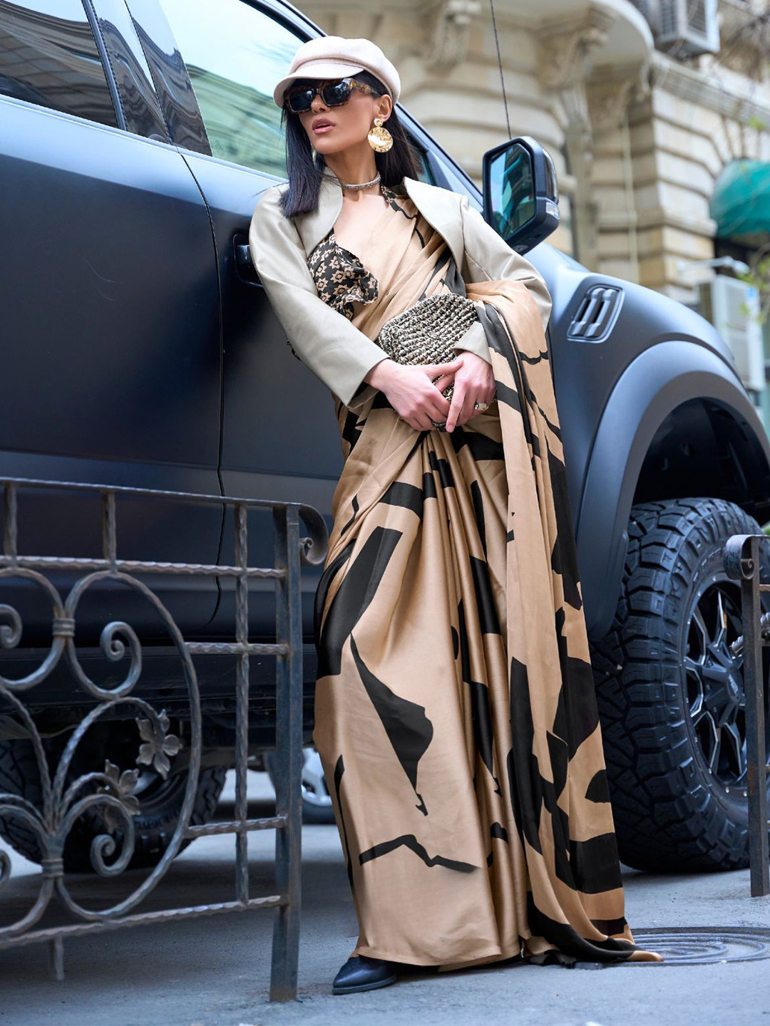 

ODETTE Gold Satin Printed Saree With Unstitched Blouse for Women