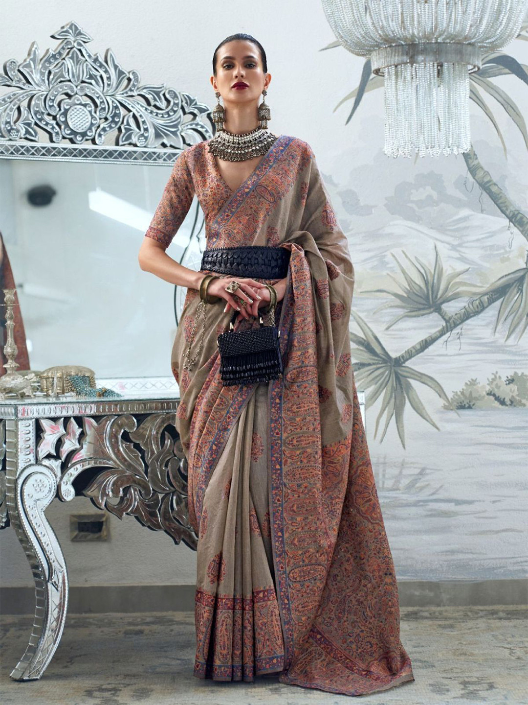 

ODETTE Grey Silk Blend Woven Saree With Unstitched Blouse for Women