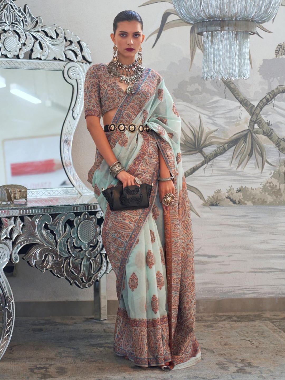 

ODETTE Blue Silk Blend Woven Saree With Unstitched Blouse for Women