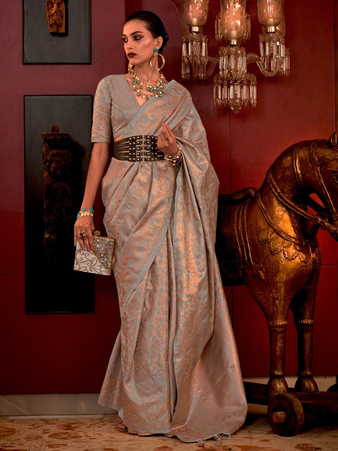 

ODETTE Grey Silk Blend Woven Saree With Unstitched Blouse for Women