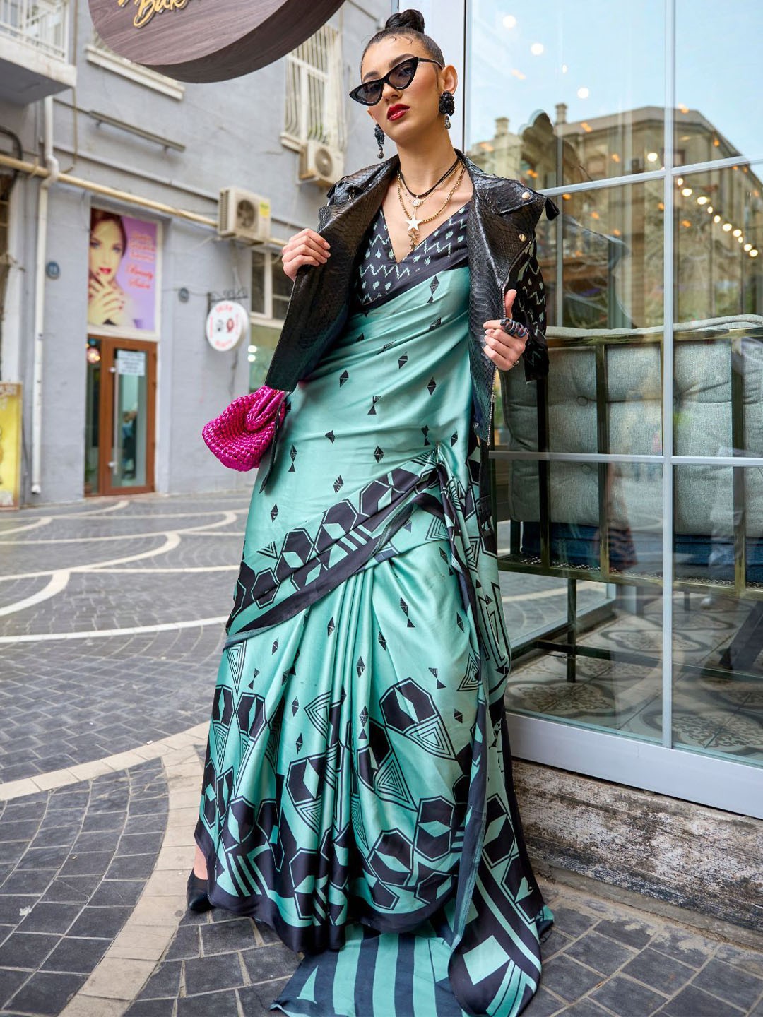 

ODETTE Green Satin Printed Saree With Unstitched Blouse for Women
