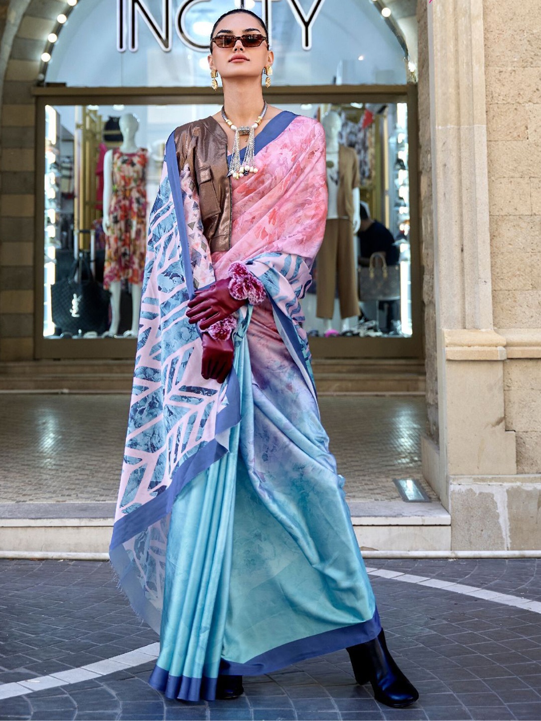 

ODETTE Pink Satin Printed Saree With Unstitched Blouse for Women