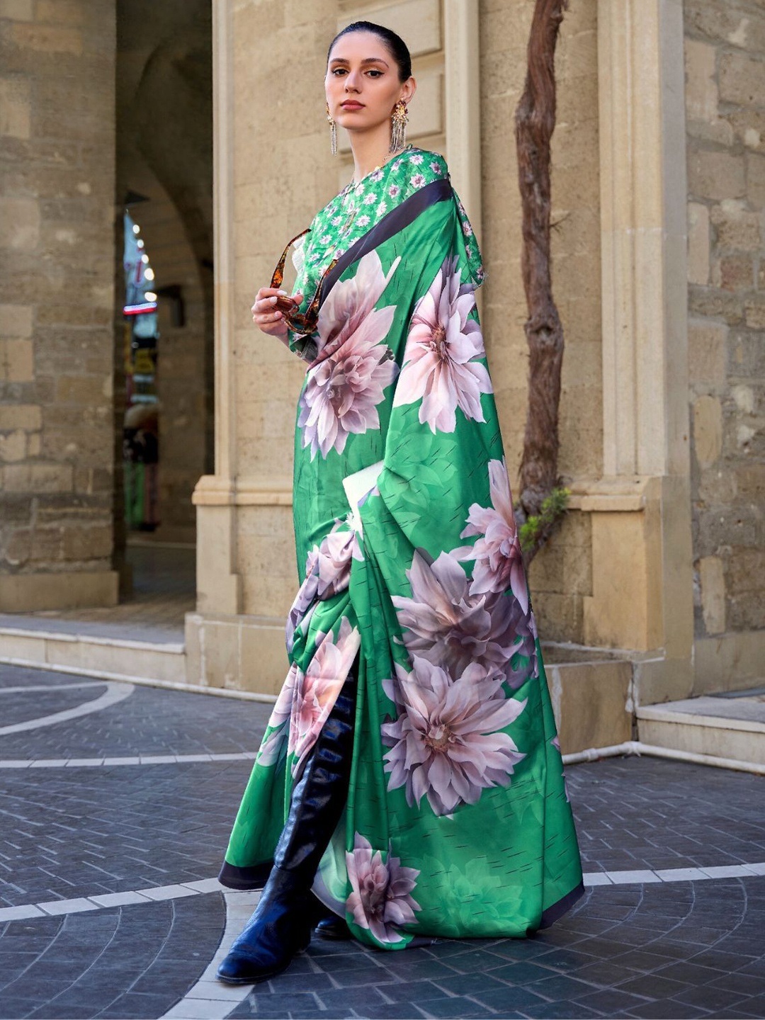 

ODETTE Green Satin Printed Saree With Unstitched Blouse for Women