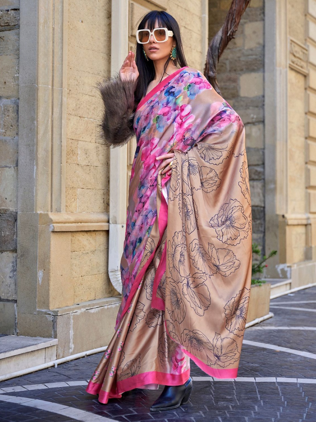 

ODETTE Multicolor Satin Printed Saree With Unstitched Blouse for Women, Brown