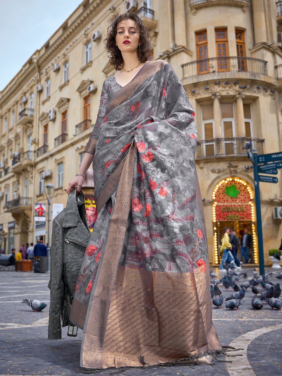 

ODETTE Grey Poly Brasso Woven Saree With Unstitched Blouse for Women