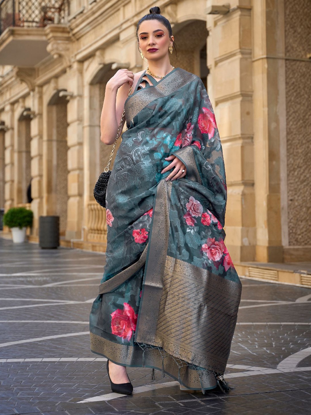 

ODETTE Grey Poly Brasso Woven Saree With Unstitched Blouse for Women