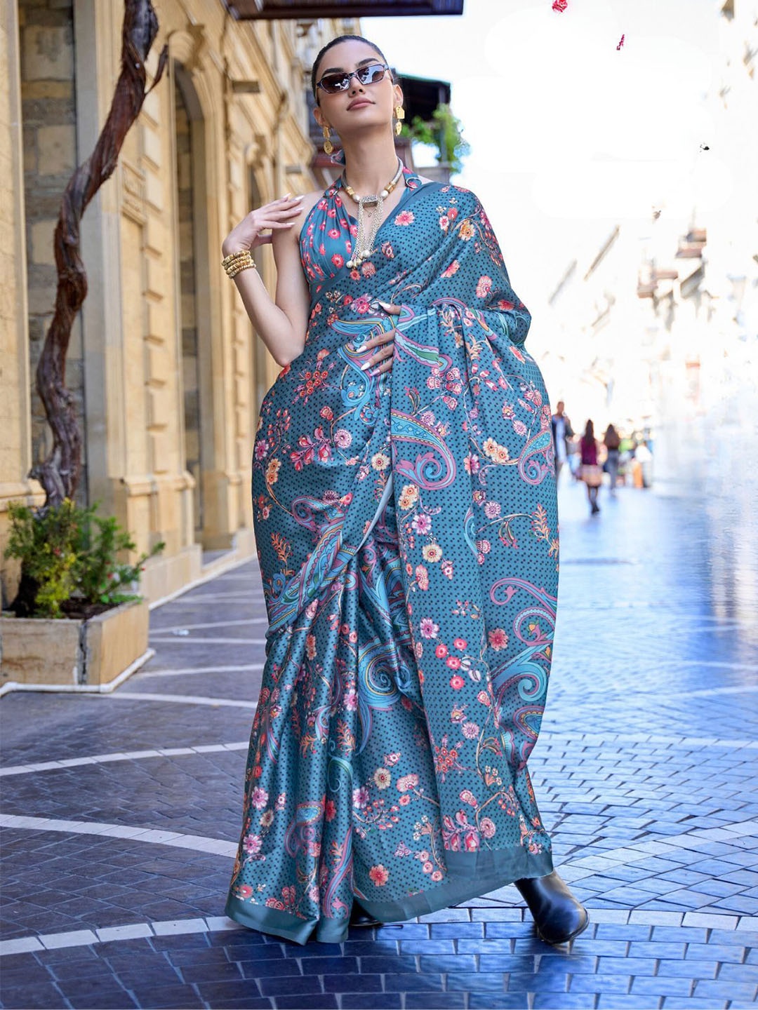 

ODETTE Blue Satin Printed Saree With Unstitched Blouse for Women