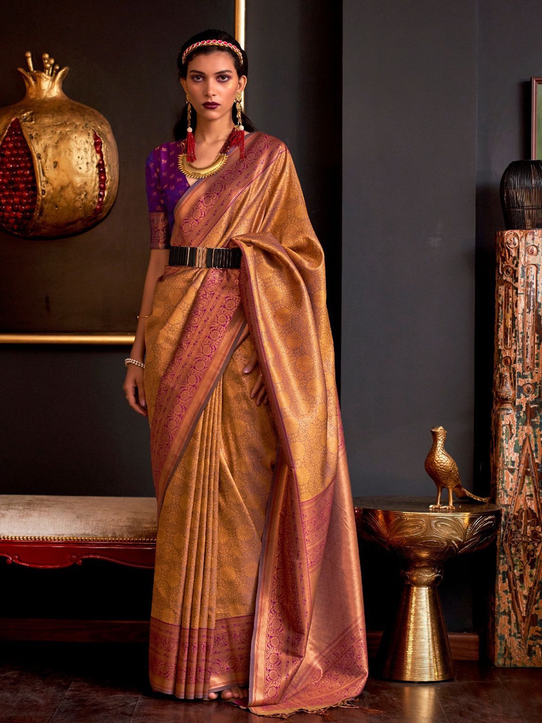 

ODETTE Gold Silk Blend Woven Saree With Unstitched Blouse for Women