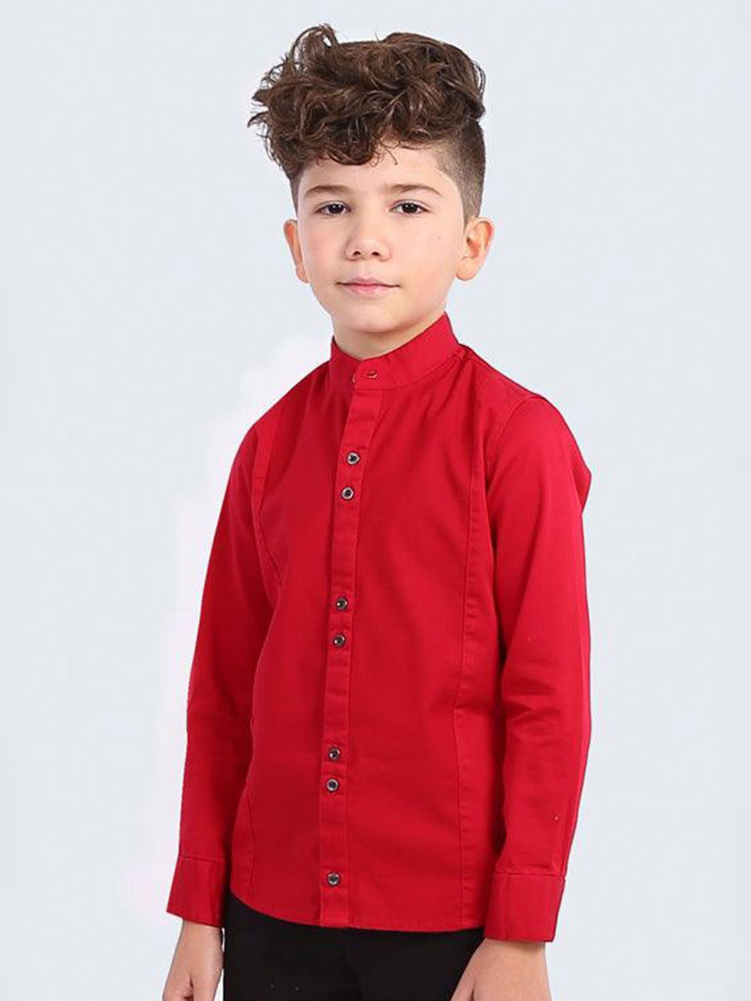 

One Friday Boys Comfort Fit Band Collar Solid Cotton Casual Shirt, Red