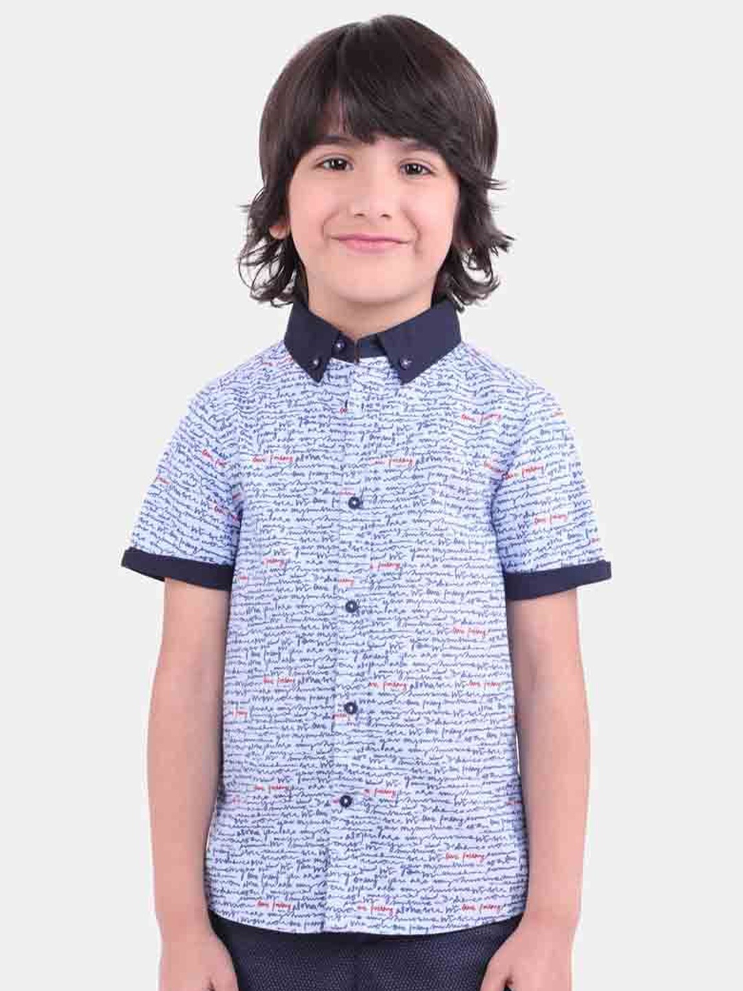 

One Friday Boys Comfort Fit Button-Down Collar Typography Printed Cotton Casual Shirt, White
