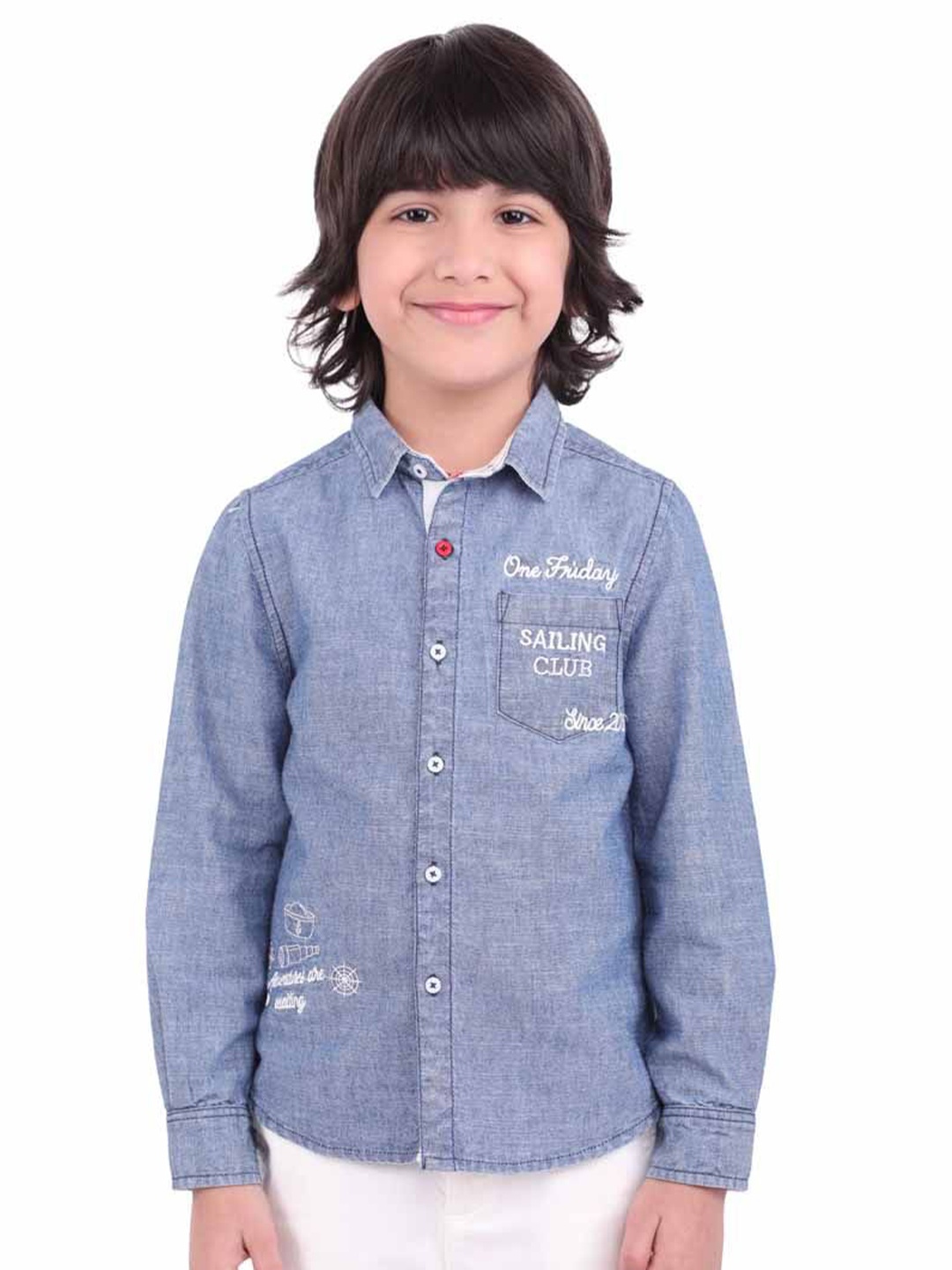 

One Friday Boys Comfort Fit Spread Collar Typography Printed Cotton Casual Shirt, Blue