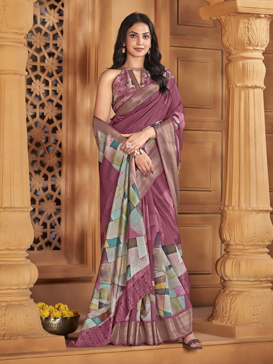

MAHALASA Geometric Printed Zari Pure Silk Saree, Maroon