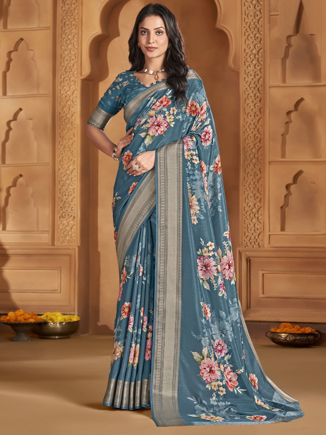 

MAHALASA Floral Digital Printed Zari Pure Silk Saree, Teal