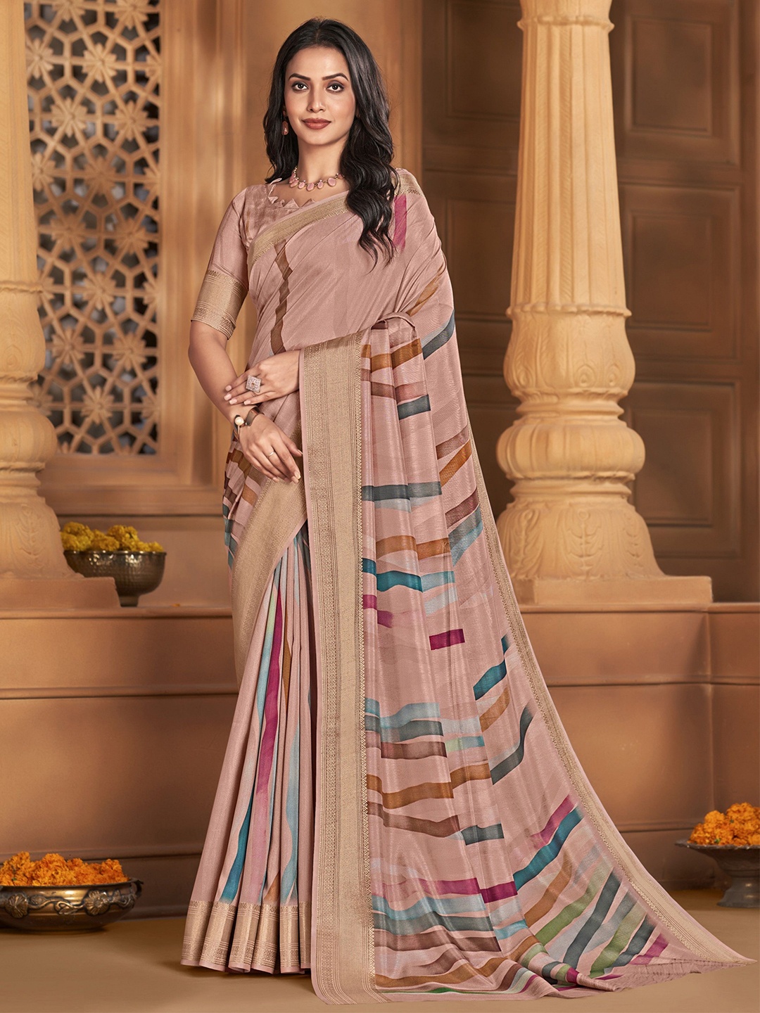 

MAHALASA Woven Design Printed Saree, Peach