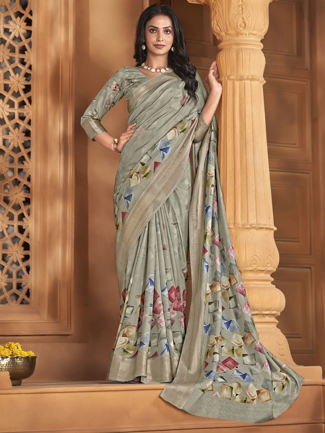 

MAHALASA Geometric Printed Pure Silk Saree, Sea green