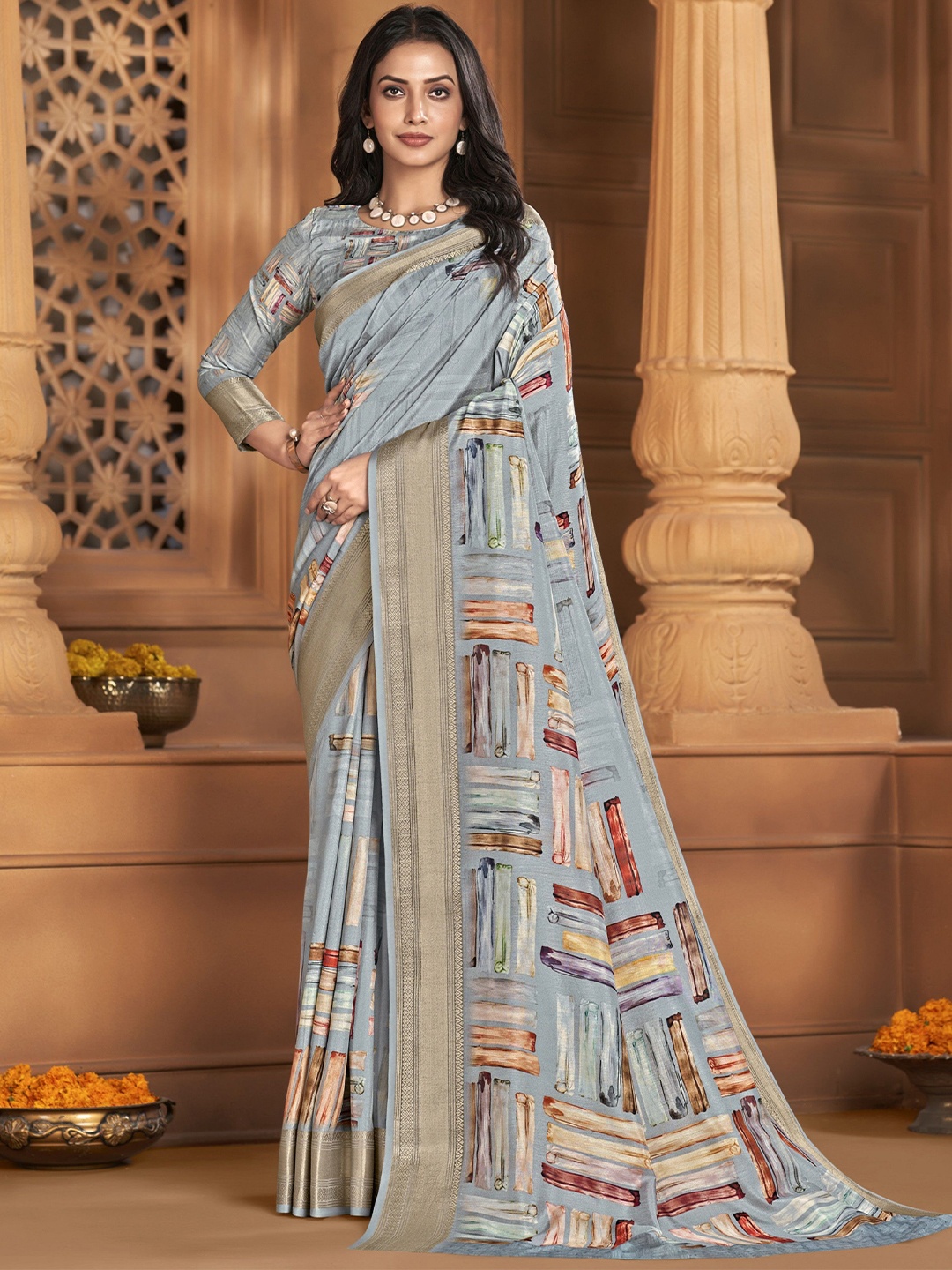 

MAHALASA Printed Pure Silk Saree, Grey