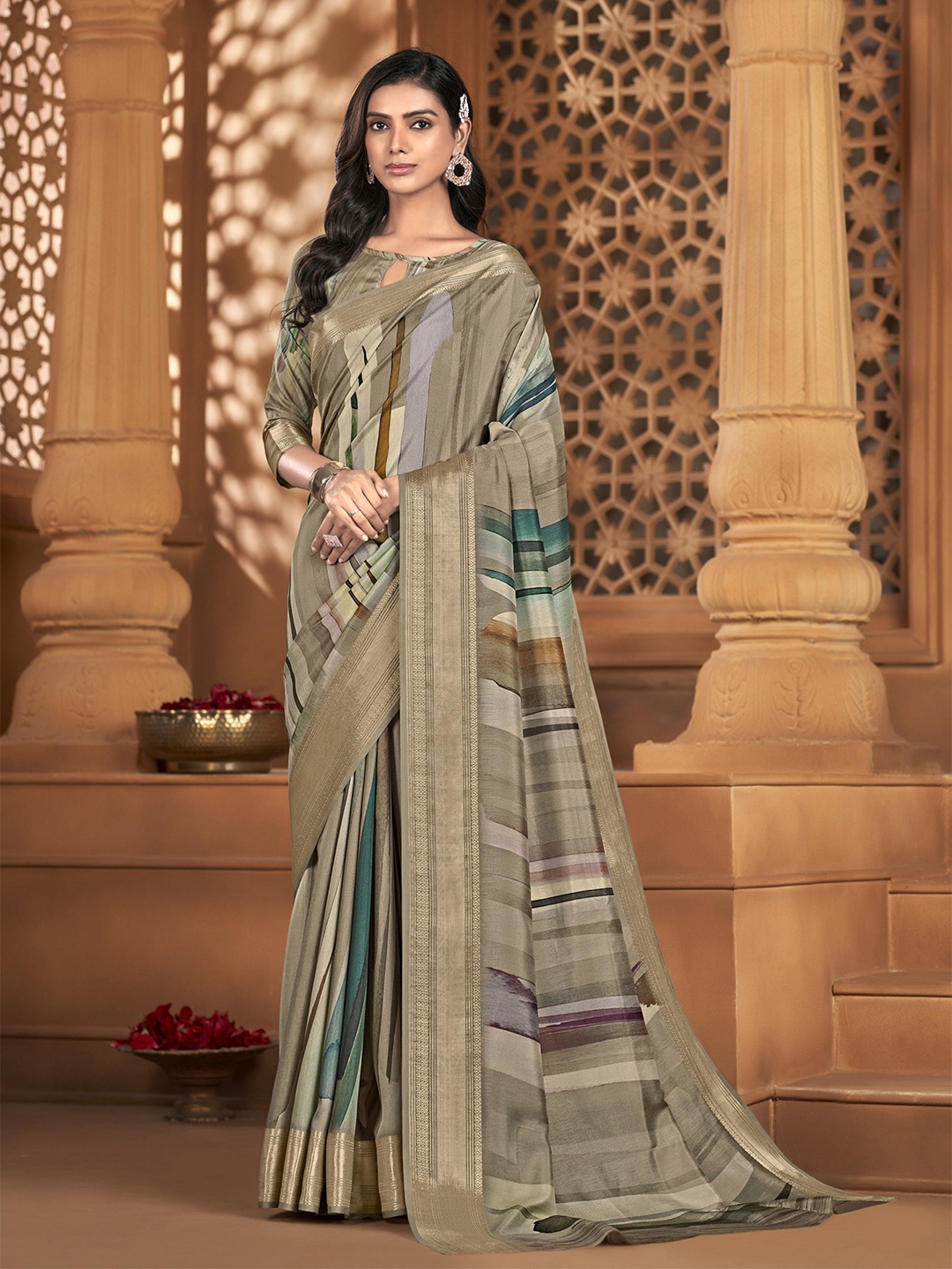 

MAHALASA Striped Zari Pure Silk Saree, Brown