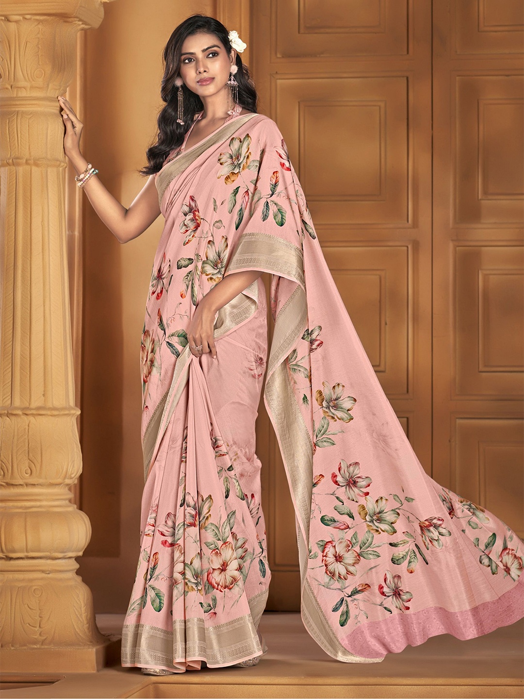 

MAHALASA Ethnic Motifs Printed Zari Pure Silk Saree, Pink