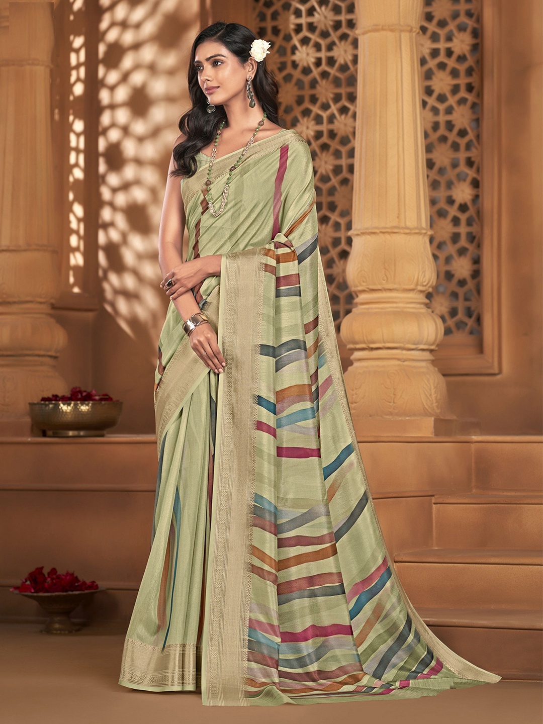 

MAHALASA Striped Woven Design Zari Pure Silk Saree, Green