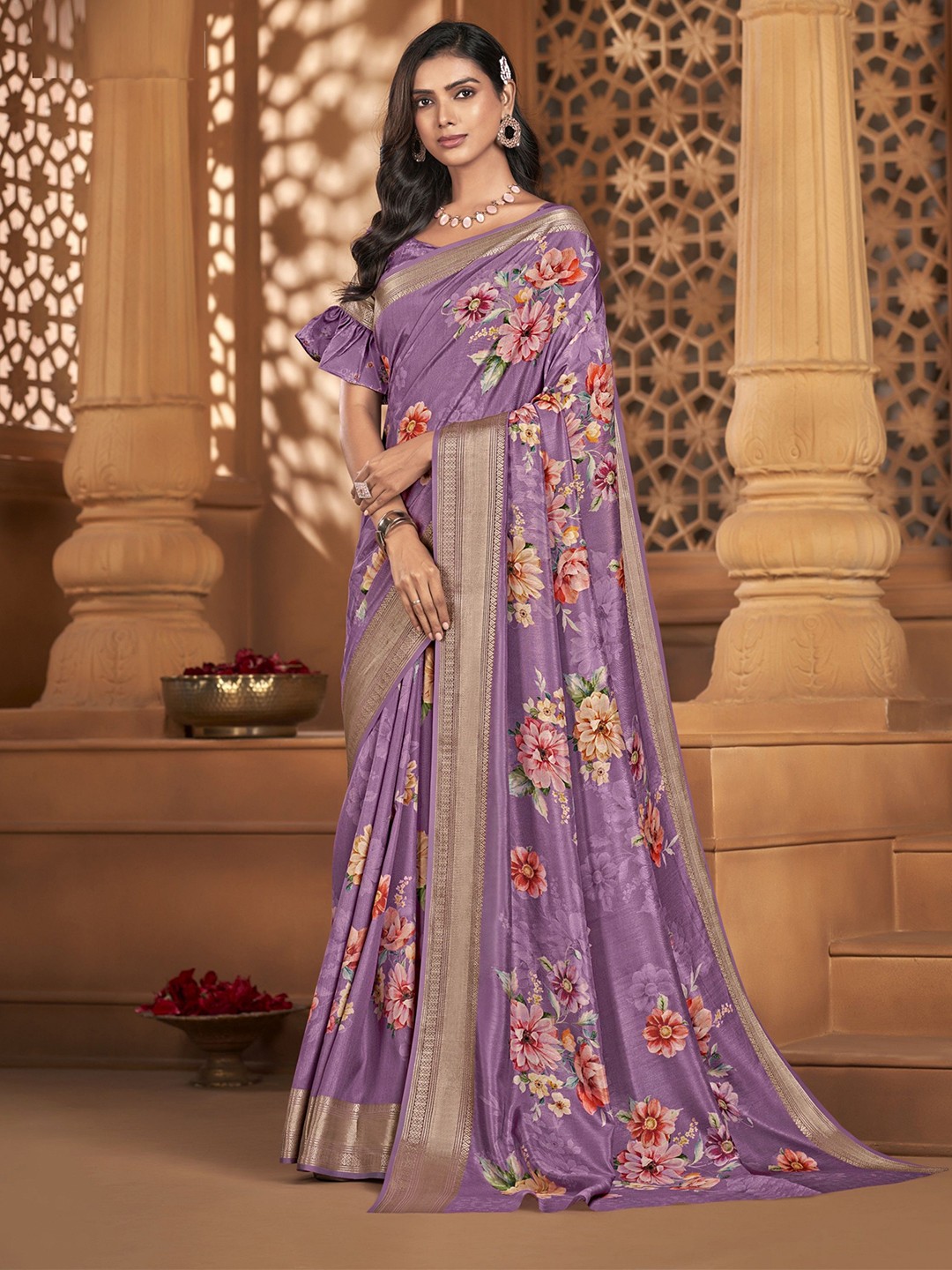 

MAHALASA Floral Zari Pure Silk Saree, Purple
