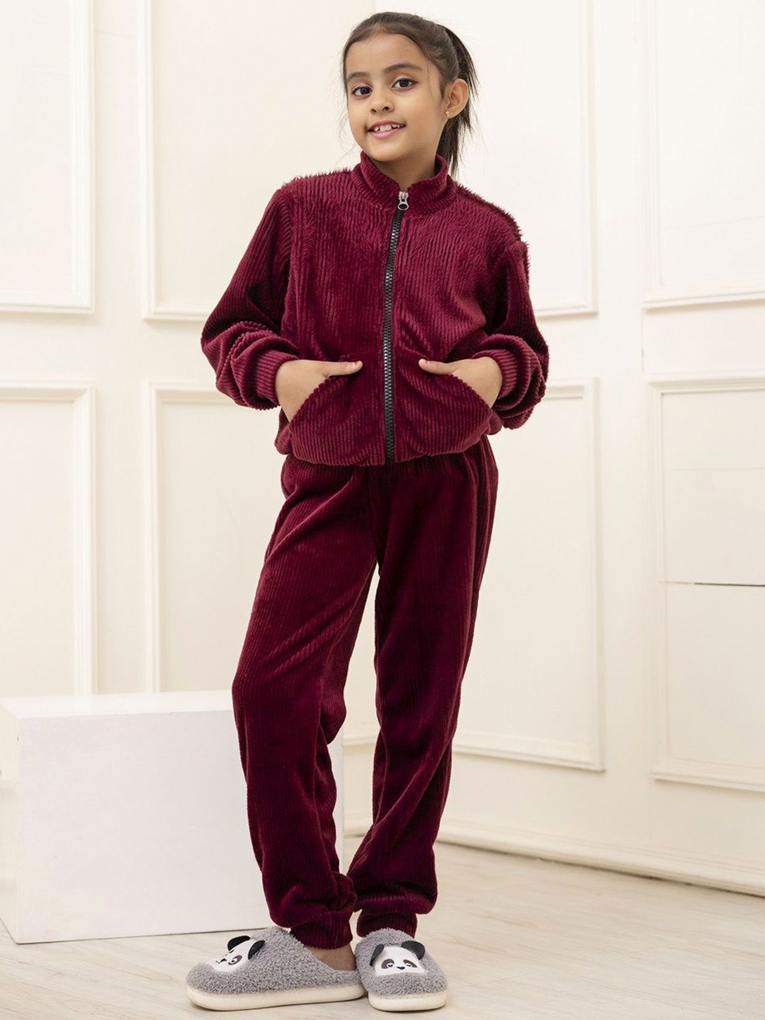 

JAANYA Girls Velvet Shirt With Pyjamas, Maroon