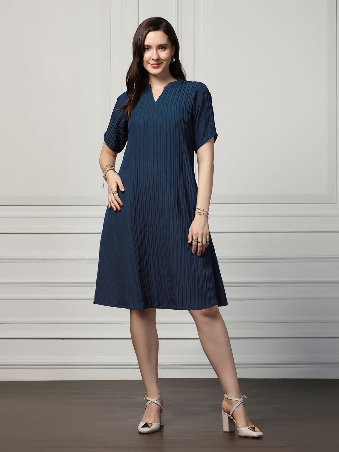 

Moda Rapido Women V-Neck A-Line Dress, Blue
