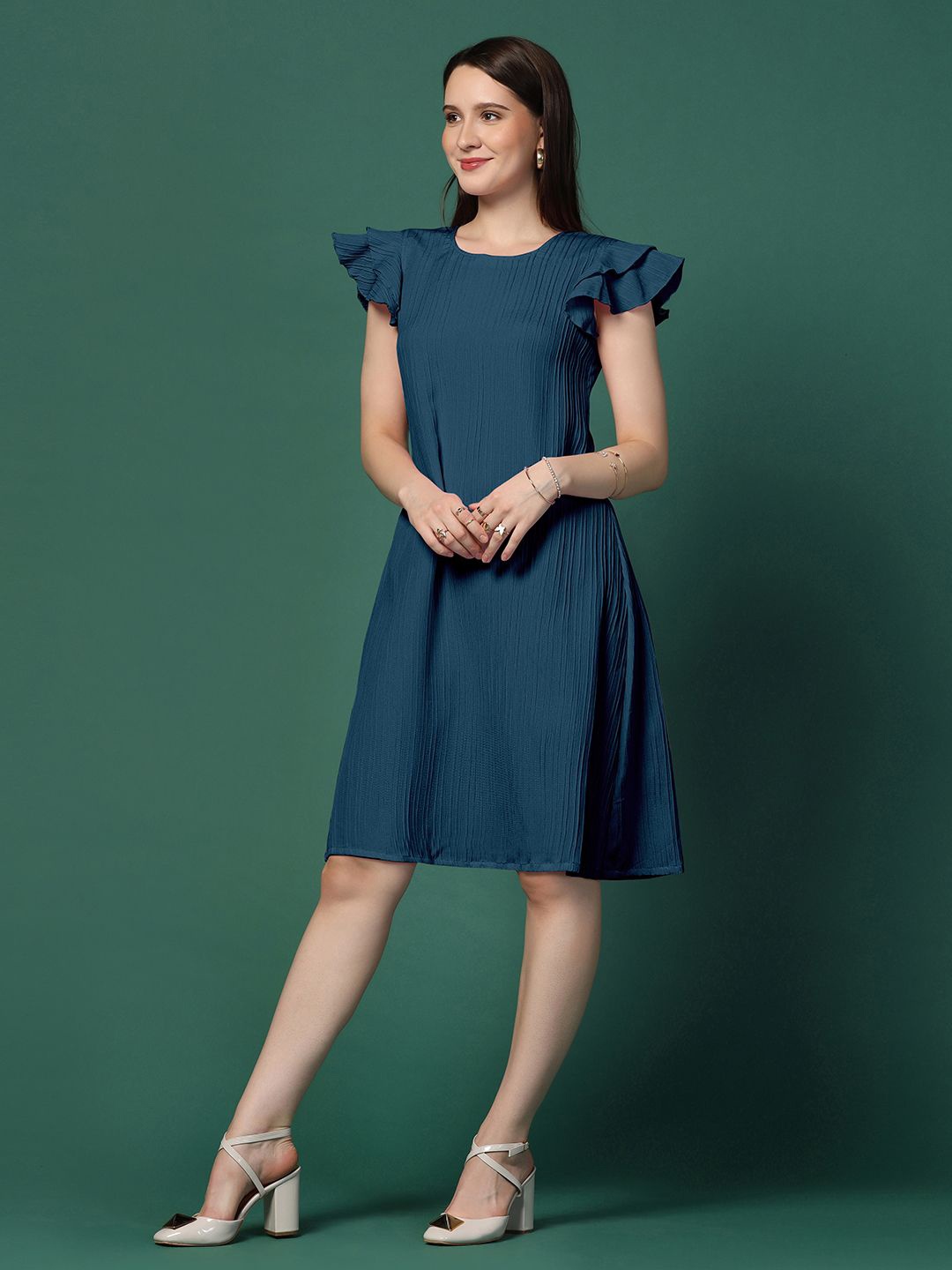 

Moda Rapido Women Print Flared Sleeve A-Line Dress, Blue