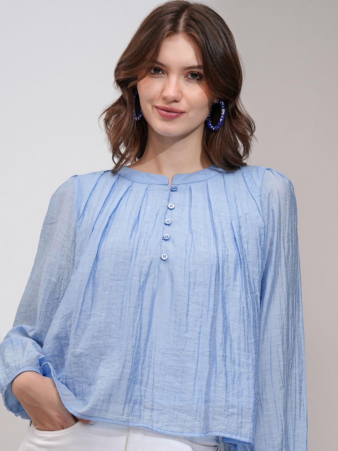 

CHIC BY TOKYO TALKIES Women Solid Bishop Sleeve Pleated Top, Blue