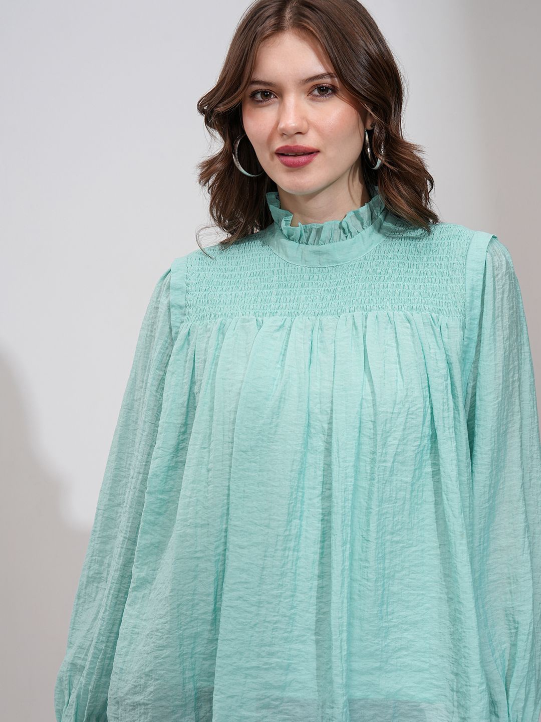 

CHIC BY TOKYO TALKIES Women Solid Ruffle Neck Top, Teal