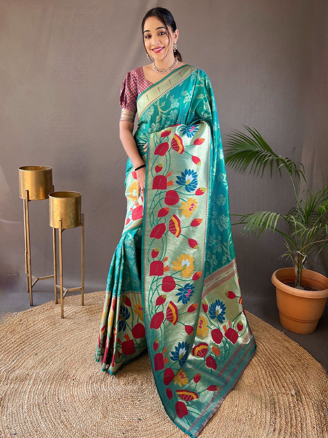 

LeeliPeeri Designer Ethnic Motifs Zari Paithani Saree, Teal