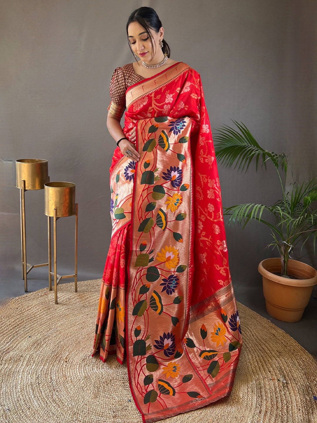 

LeeliPeeri Designer Ethnic Motifs Zari Paithani Saree, Red