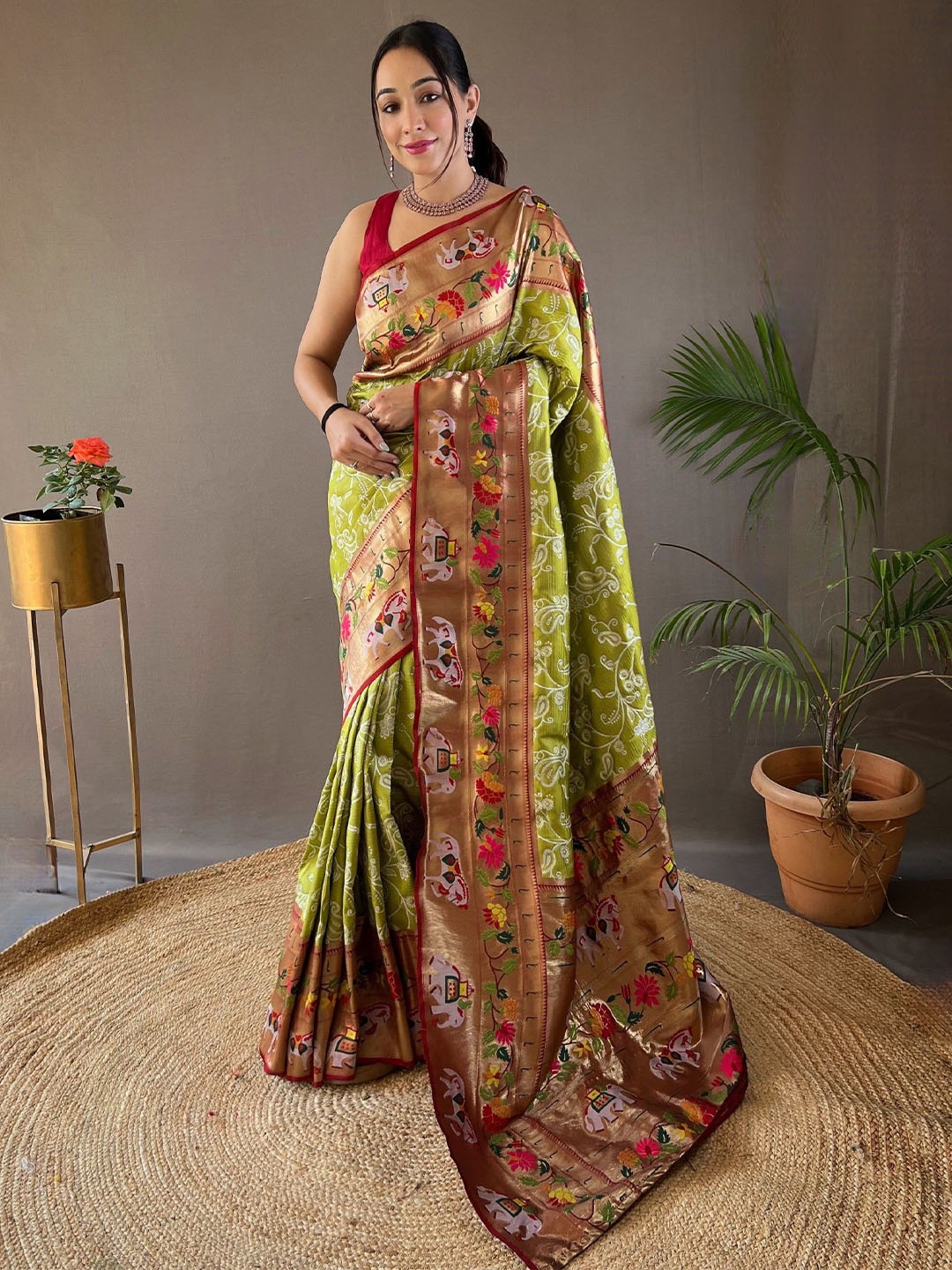 

LeeliPeeri Designer Ethnic Motifs Zari Paithani Saree, Olive