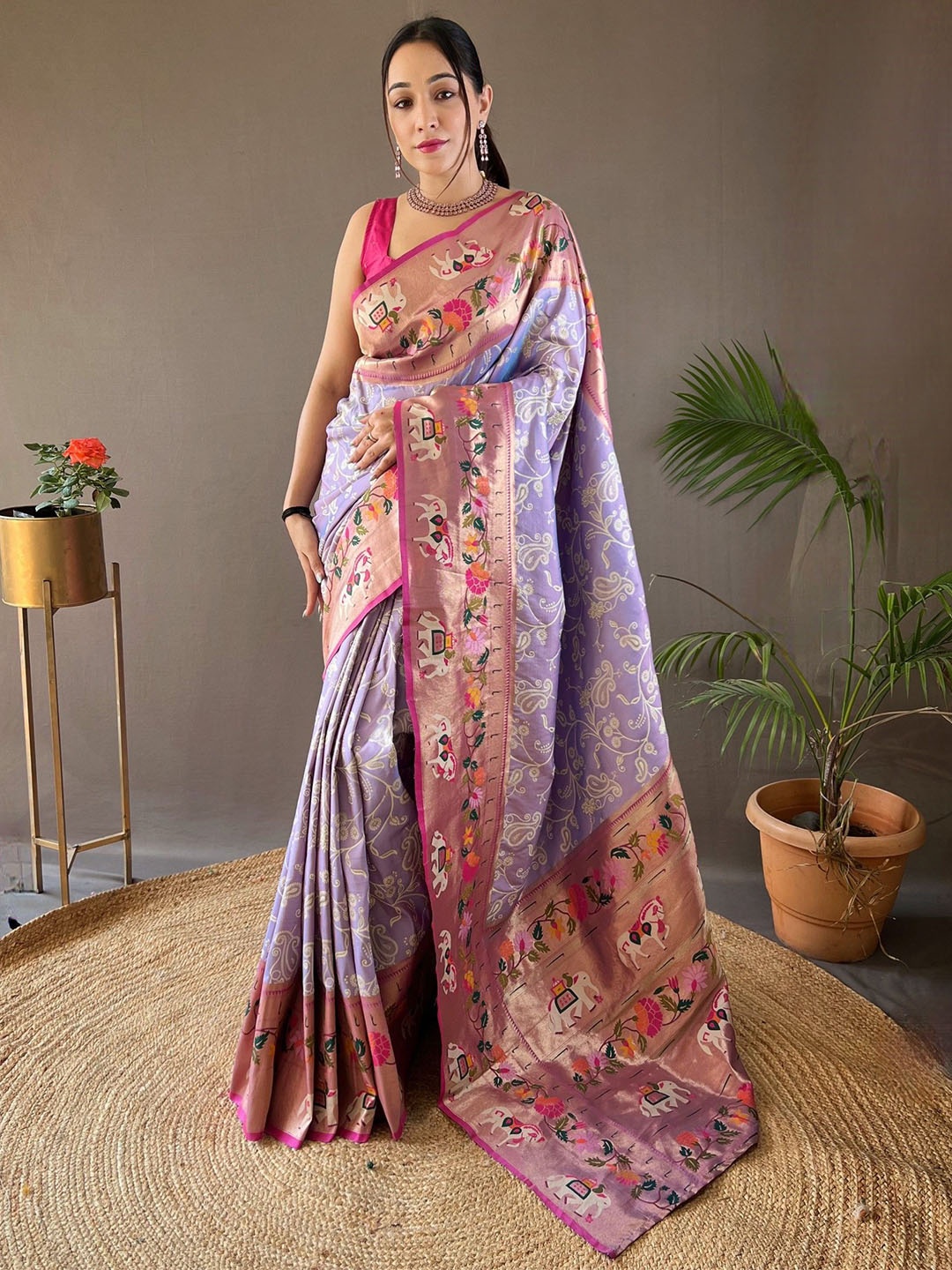 

LeeliPeeri Designer Ethnic Motifs Zari Paithani Saree, Lavender