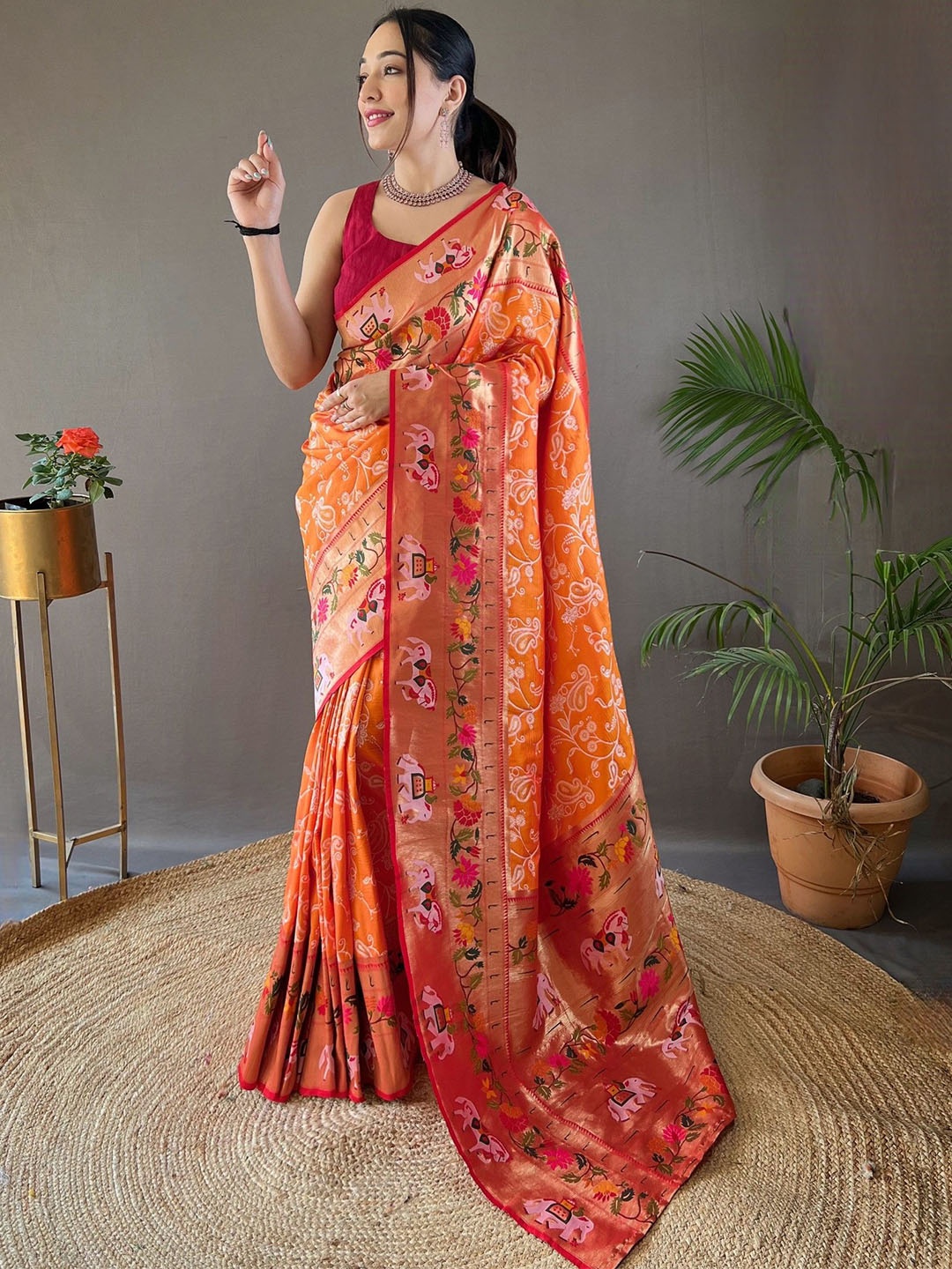 

LeeliPeeri Designer Woven Design Zari Paithani Saree, Orange