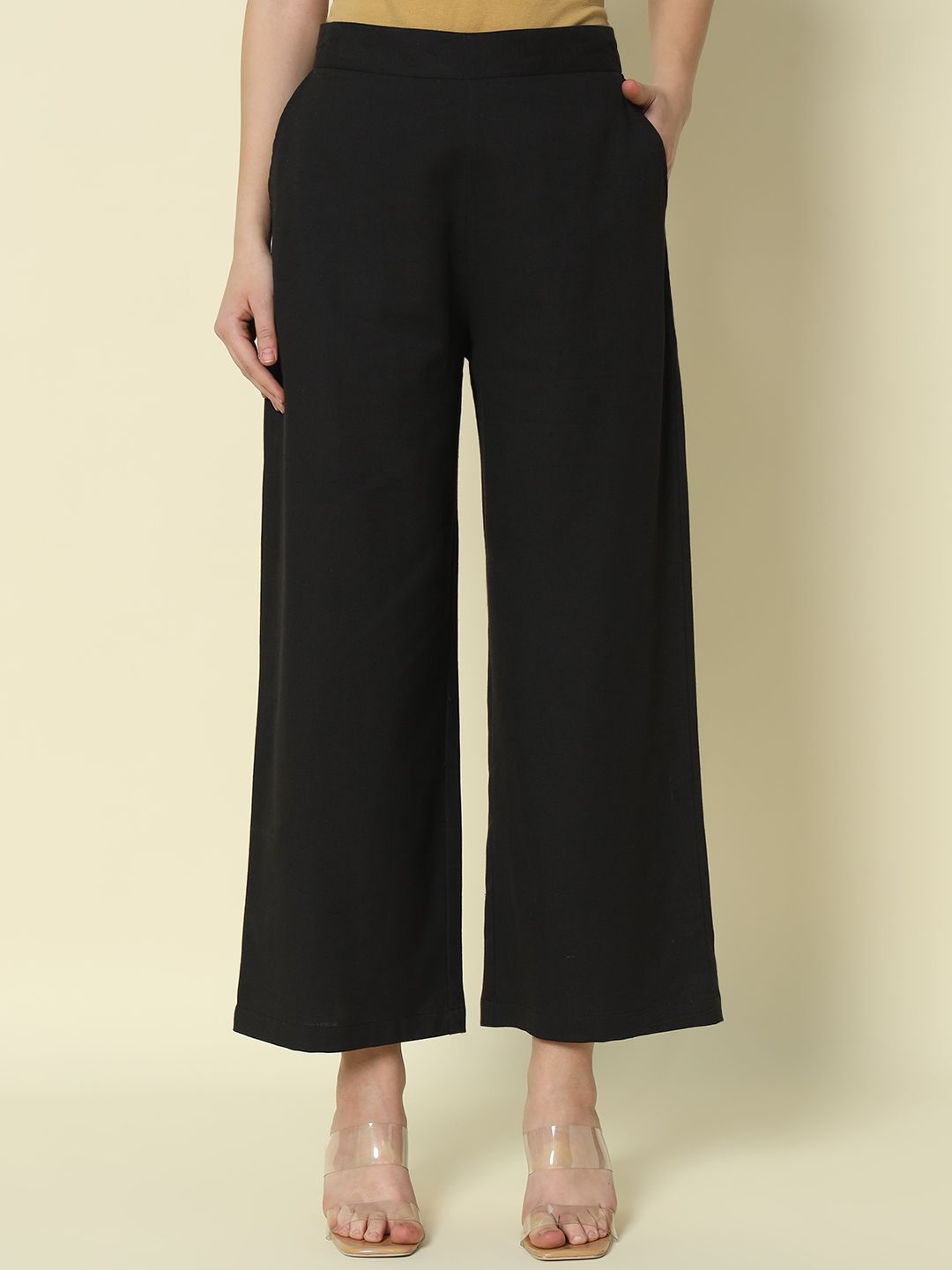 

FIORRA Women Cotton Straight Chambray Palazzos, Black