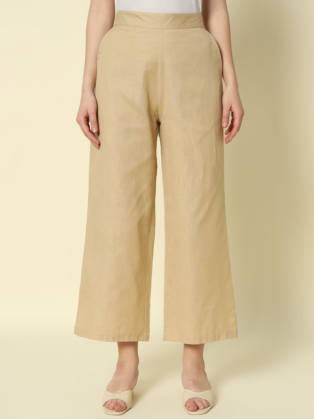 

FIORRA Women Straight Chambray Ethnic Cotton Palazzos, Beige