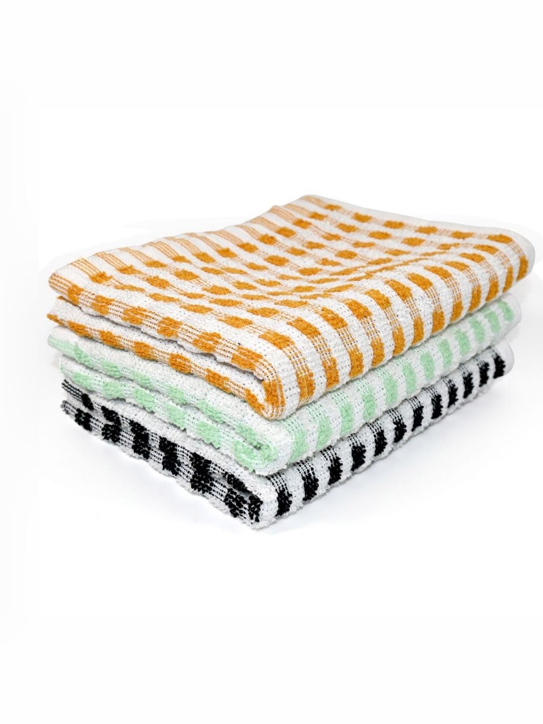 

PRAKARTIK Yellow & Green 3 Pieces Striped Pure Cotton KitchenTowels