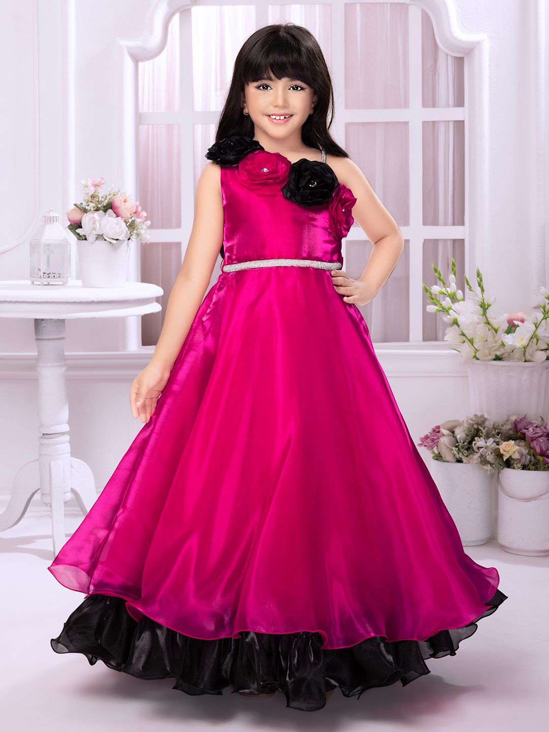 

Tiny Kingdom Girls Self Design Satin Maxi Dress, Pink