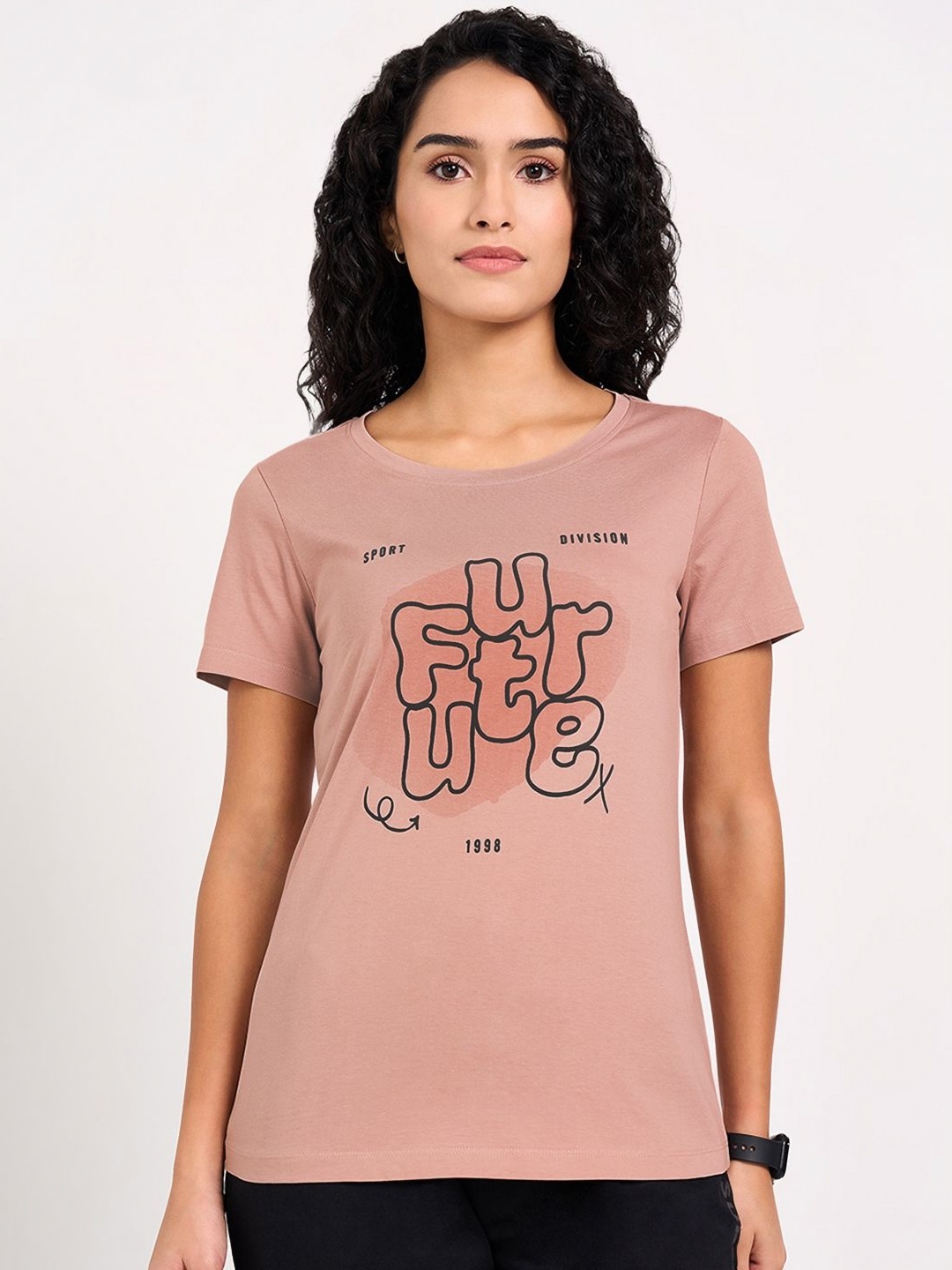 

Ajile by Pantaloons Women Typography Printed Round Neck Cotton T-shirt, Pink